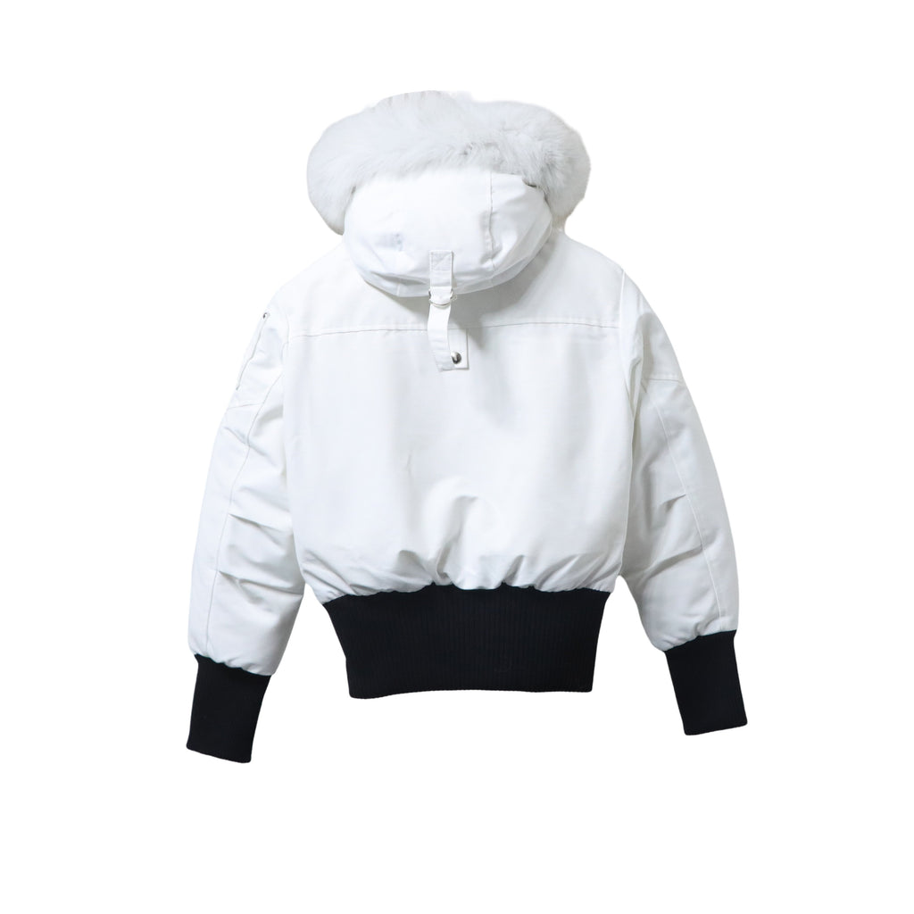 White Hooded Bomber Jacket with Pom-Poms and Black Ribbed Trim