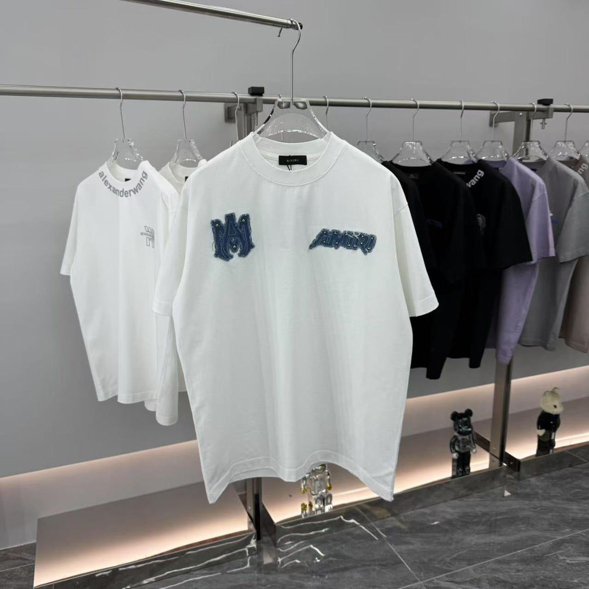AMIRI Denim Rivet Patchwork Front & Back Graphic Crew Neck Short‑Sleeve T‑Shirt