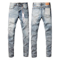 PURPLE Men Streetwear Skinny Jeans Light Blue Wash with Lightly Faded Wash 9053