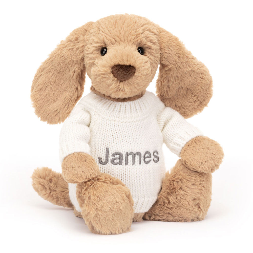 Bashful Toffee Puppy with Personalized Cream Jumper