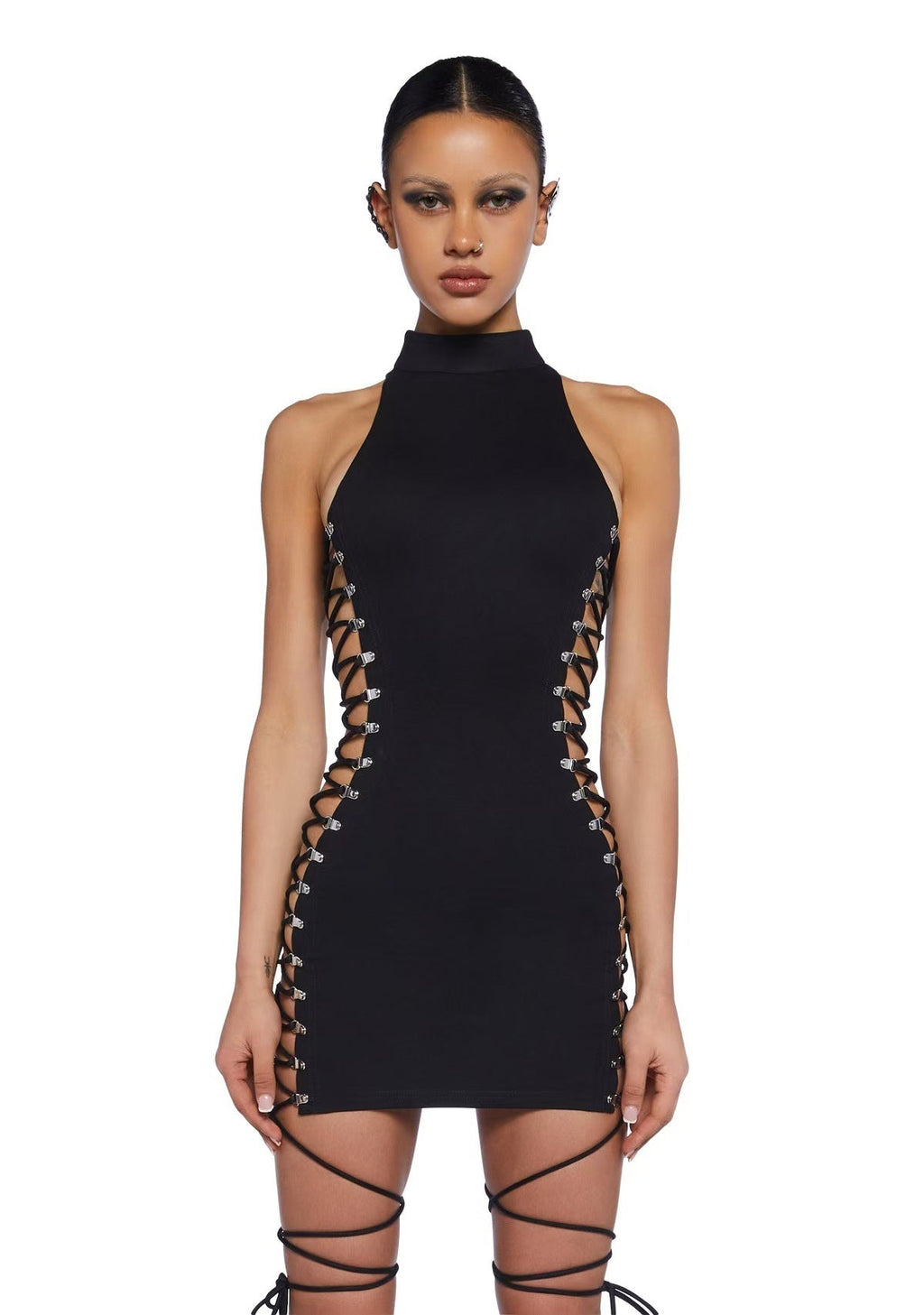 Dolls Kill Lace Up Cutout Halter Bodycon Mini Dress Women