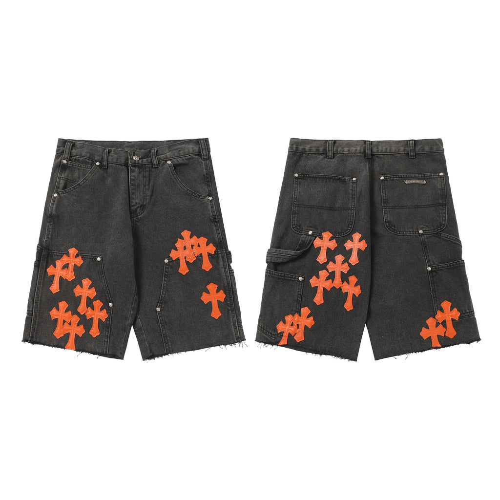 Chrome Hearts Vintage Cross Patchwork Washed Carpenter Denim Shorts 9903