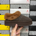 UGG Tazz Platform Slip-On Slipper – Suede Moccasin with Caramel Shearling Cuff & Chocolate Platform Sole in Chocolate