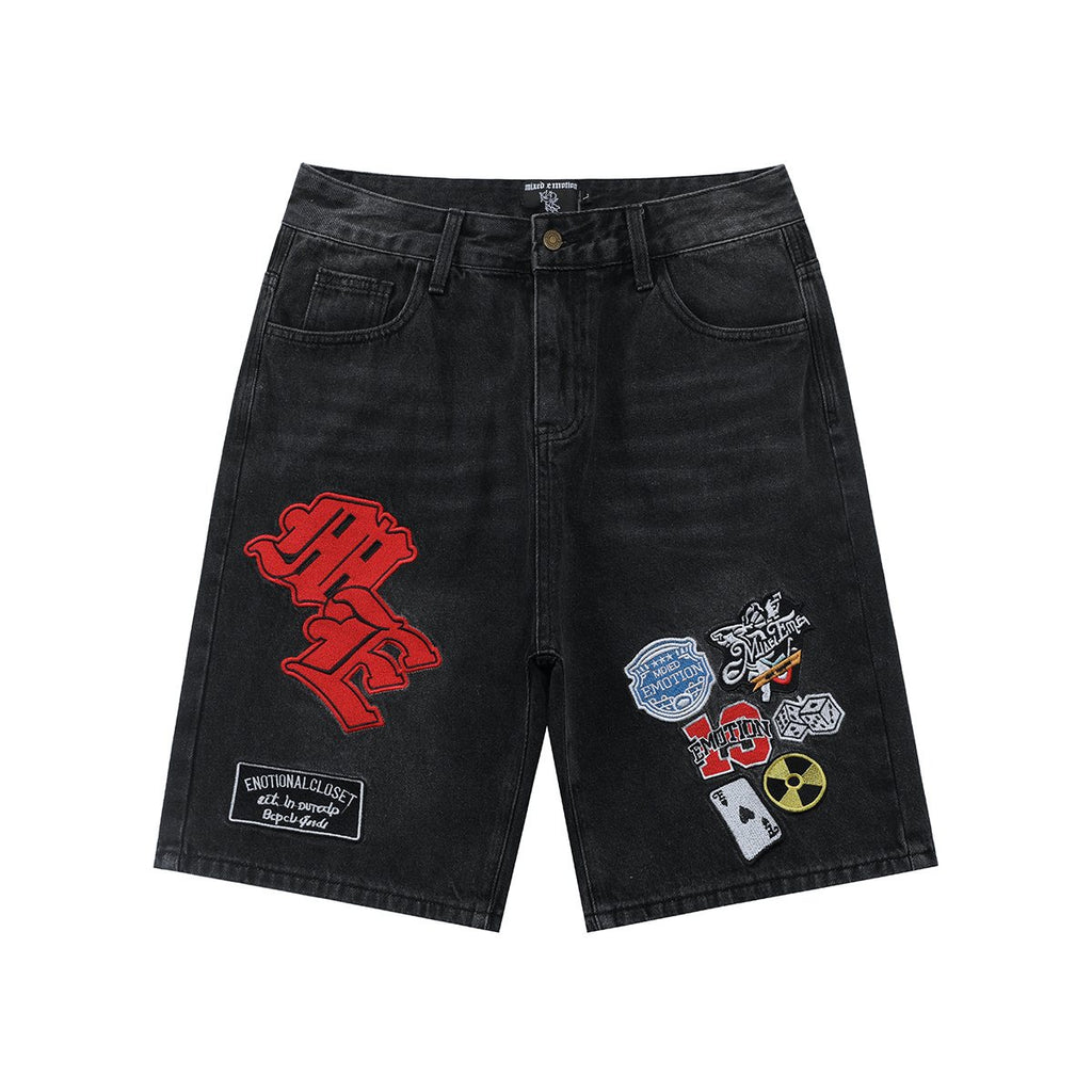 Charcoal Gray Red Gothic Collage Denim Shorts