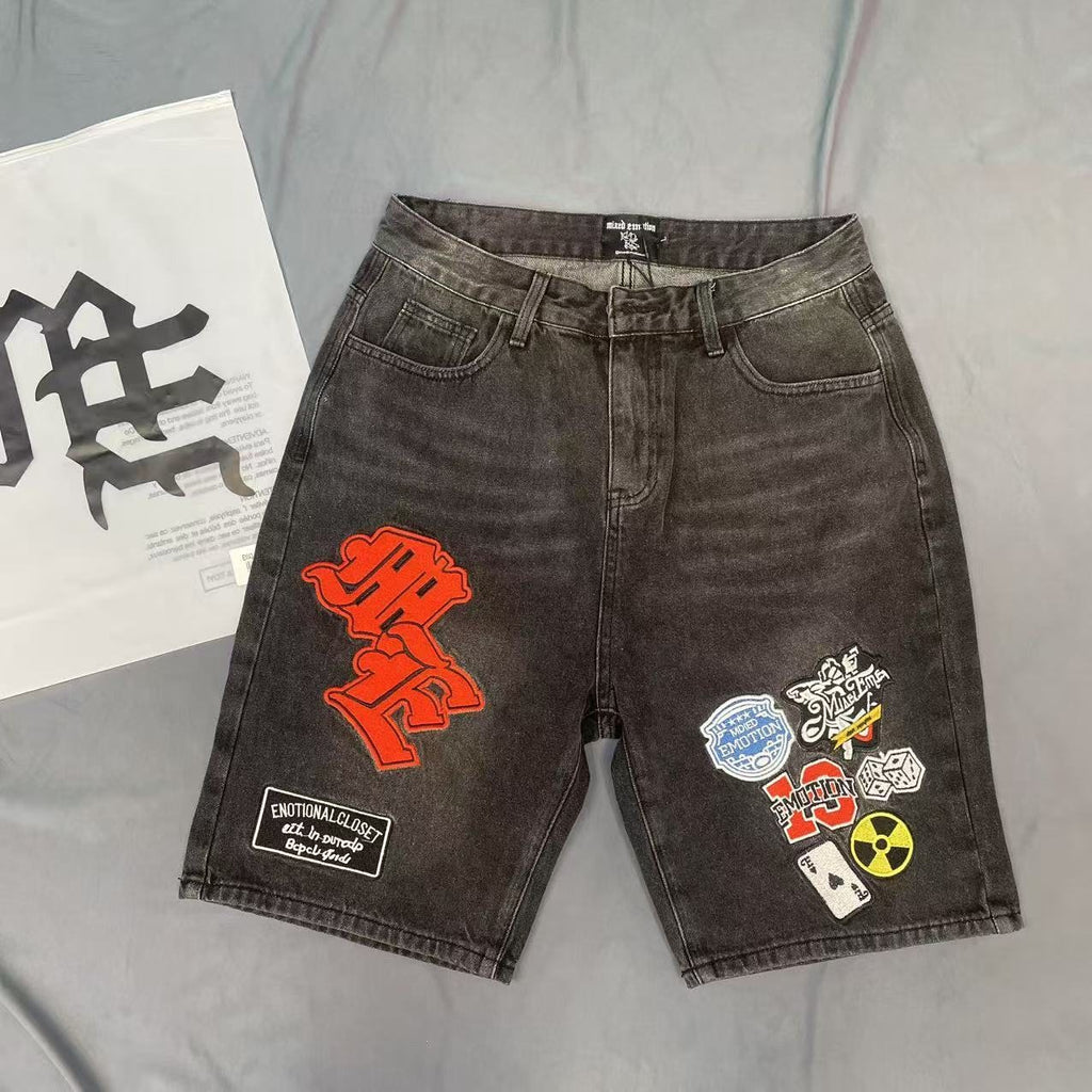 Charcoal Gray Red Gothic Collage Denim Shorts