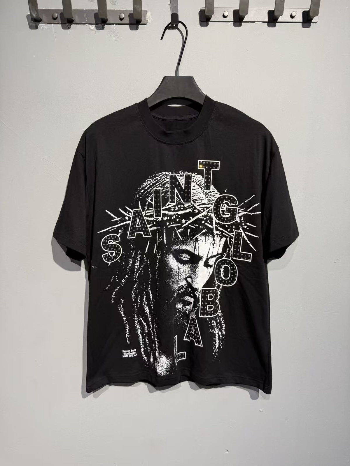 SAINT Monochrome Face Typography Graphic T-Shirt