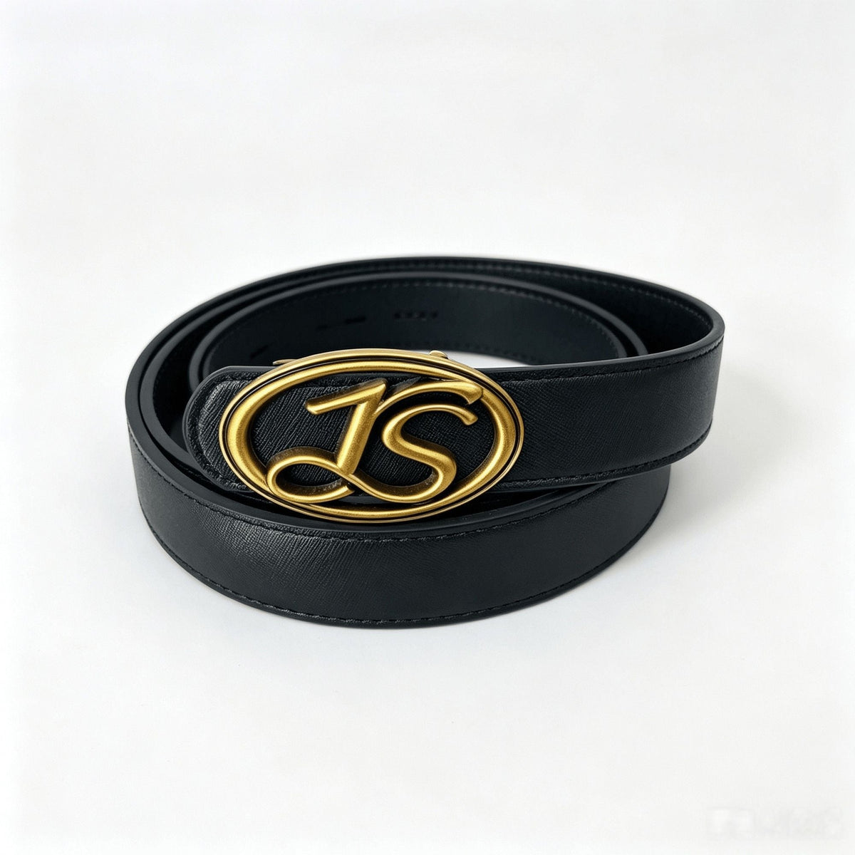 Vintage Leather Belt Oval Antique Gold JS Logo Buckle Women Waist Belt