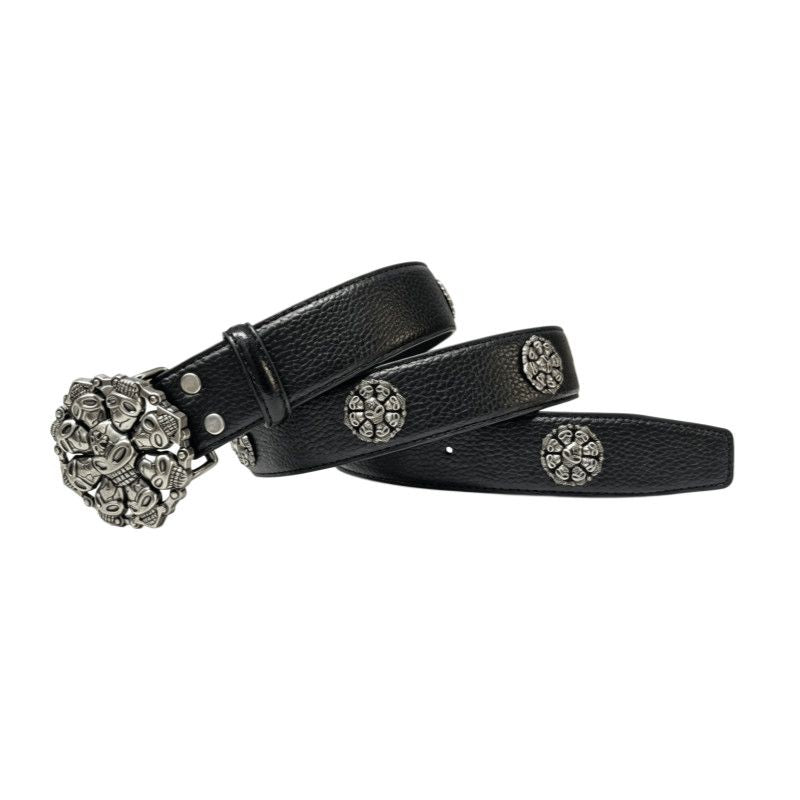 Vintage Punk Skull Mask Buckle Belt Litchi Grain Western Rivet Waist