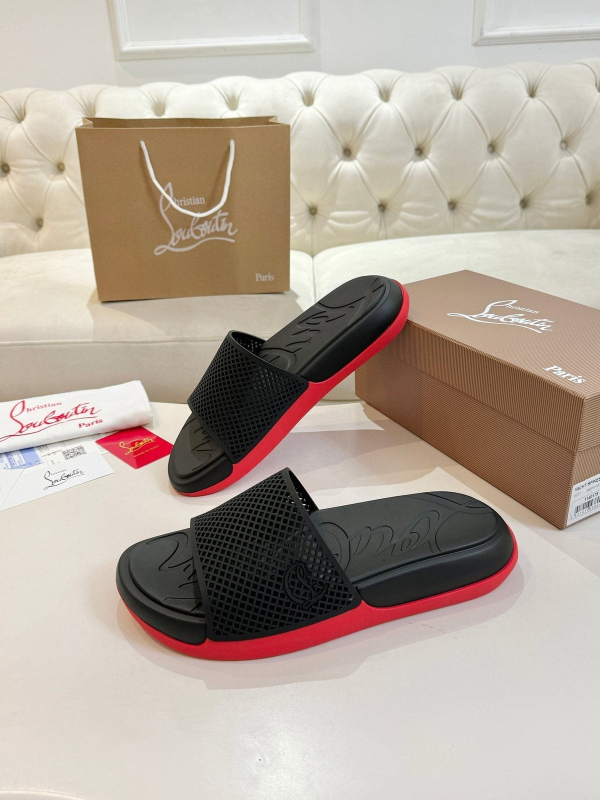 Christian Louboutin Men's Black Red Sole Slide Sandals