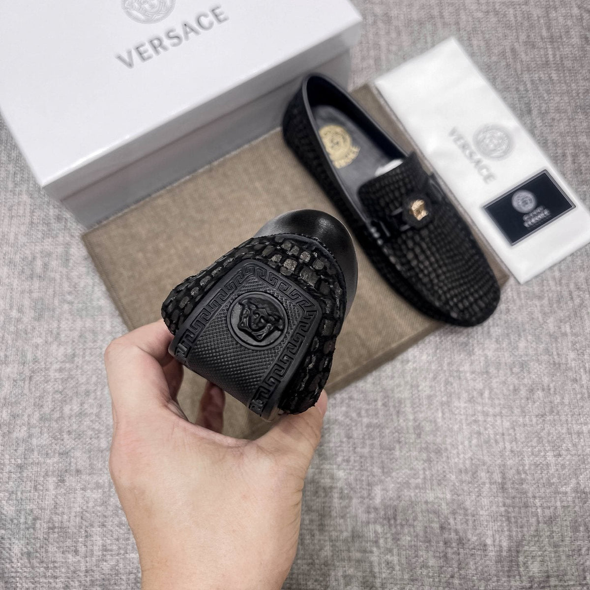 Versace Black Textured Driving Loafers