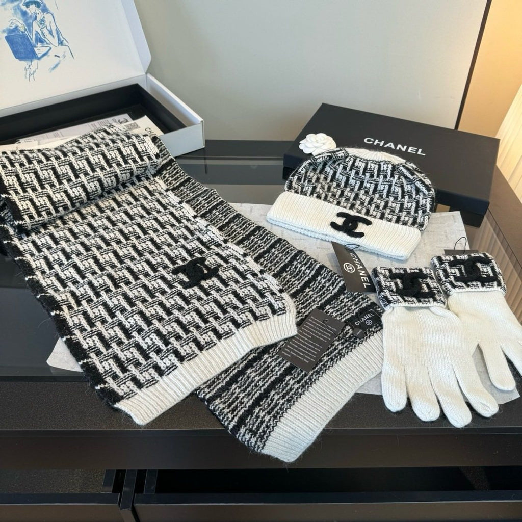 Chanel Logo Knit Hat, Scarf & Gloves Set