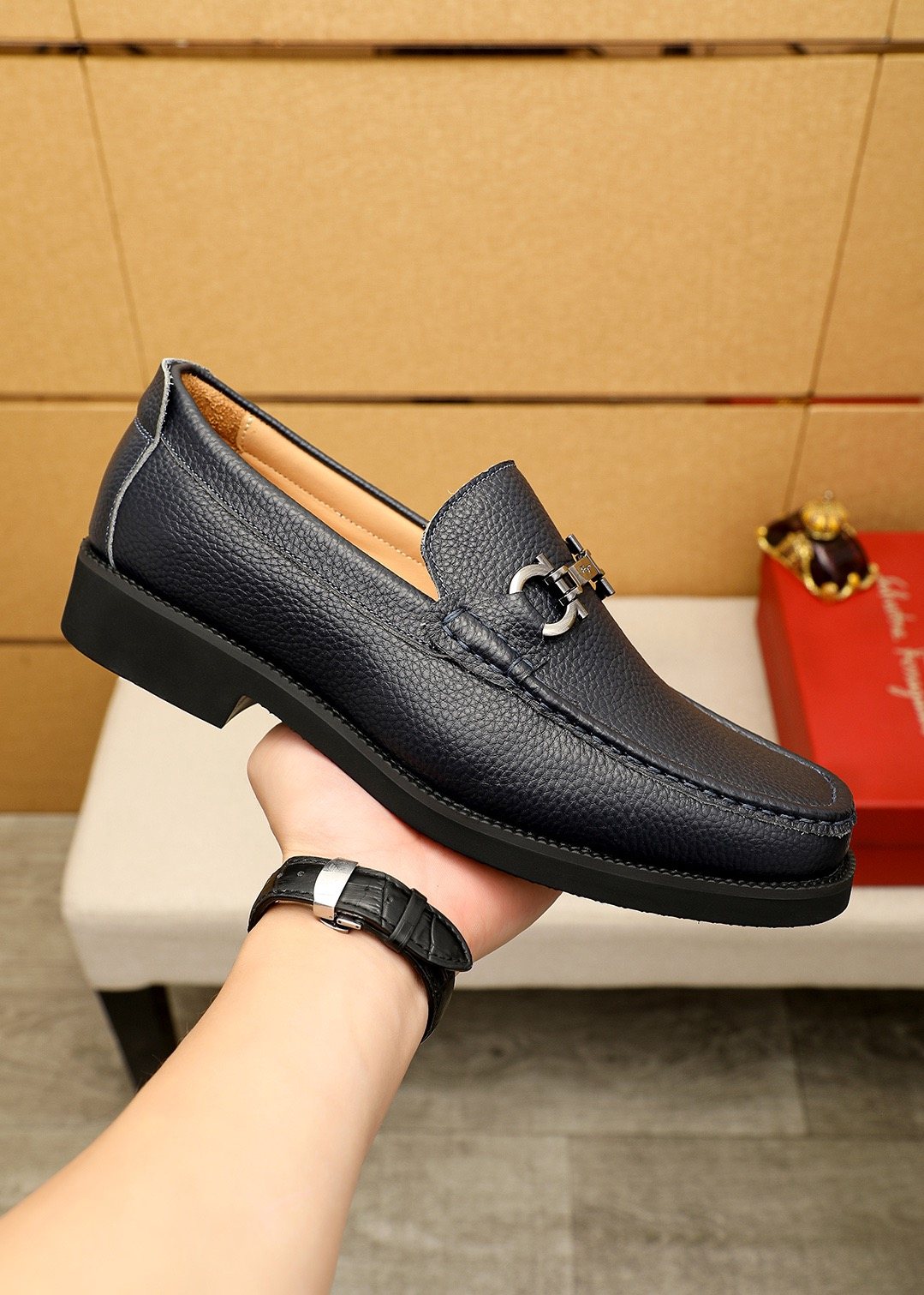 Ferragamo Black Pebble-Grain Bit Loafers